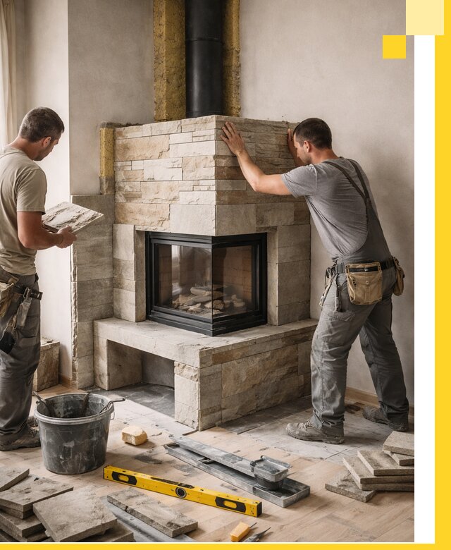 Угловые камины под ключ проект, монтаж и отделка в Лесне