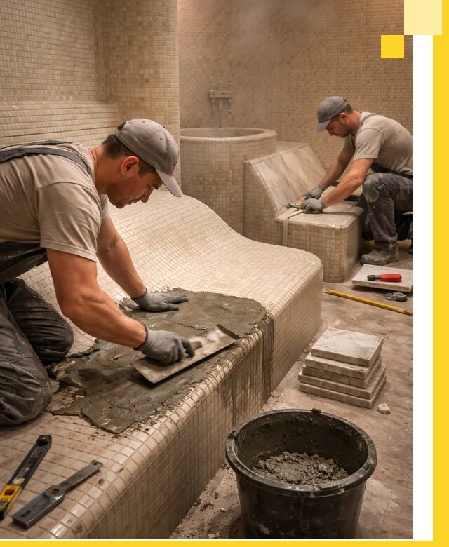 Лежаки для хамама под ключ в Лесне, проект и монтаж